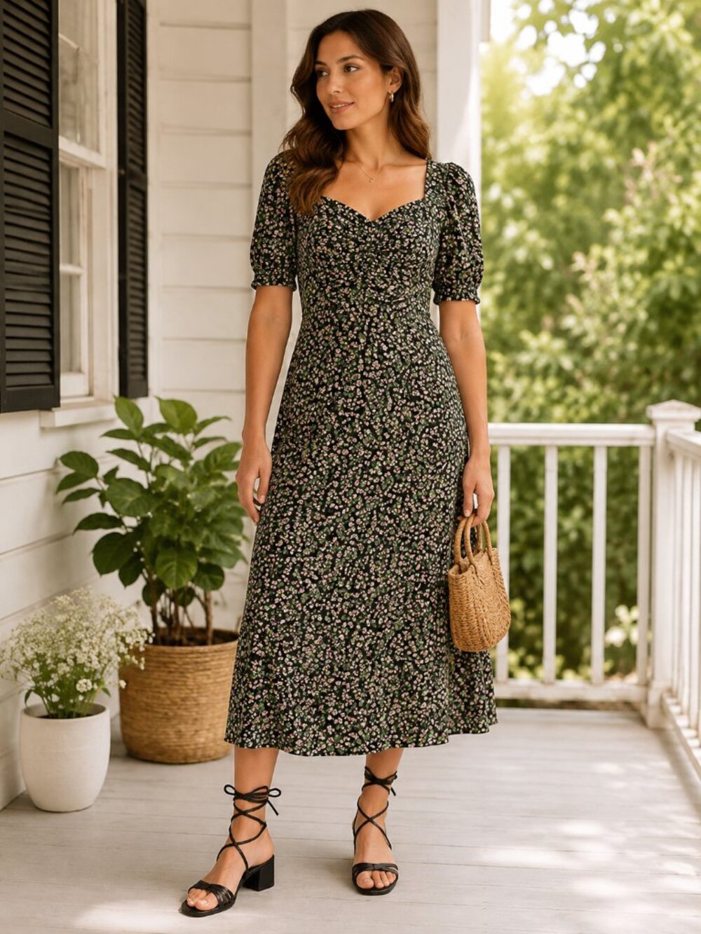 J. Crew Black Ditsy Floral Sweetheart Neckline Midi Dress Sz 8